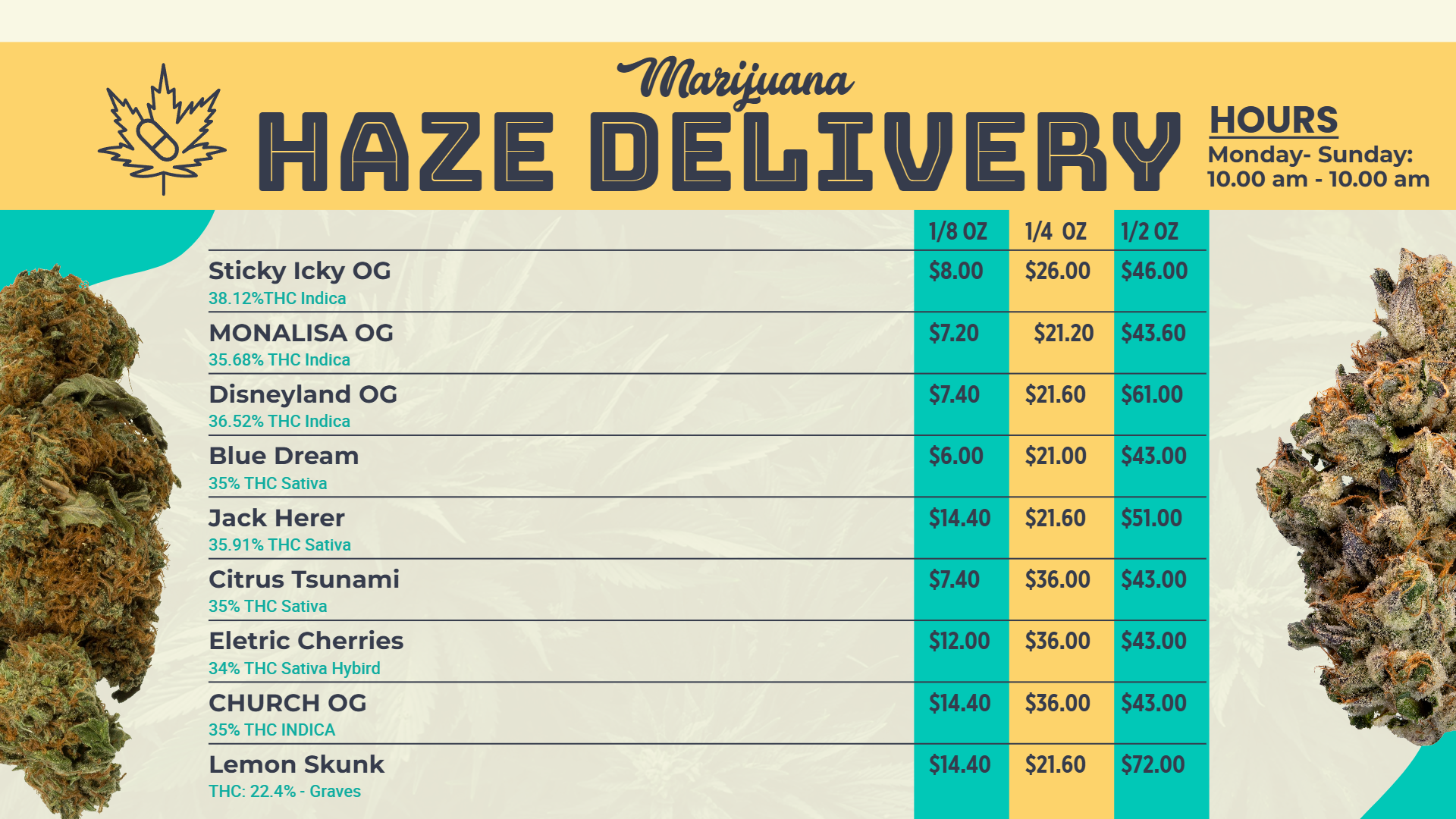 Simple flower digital menu design template | Cannabis Marijuana digital menu board Simple flower digital menu design template | Cannamako Marijuana menu design tool