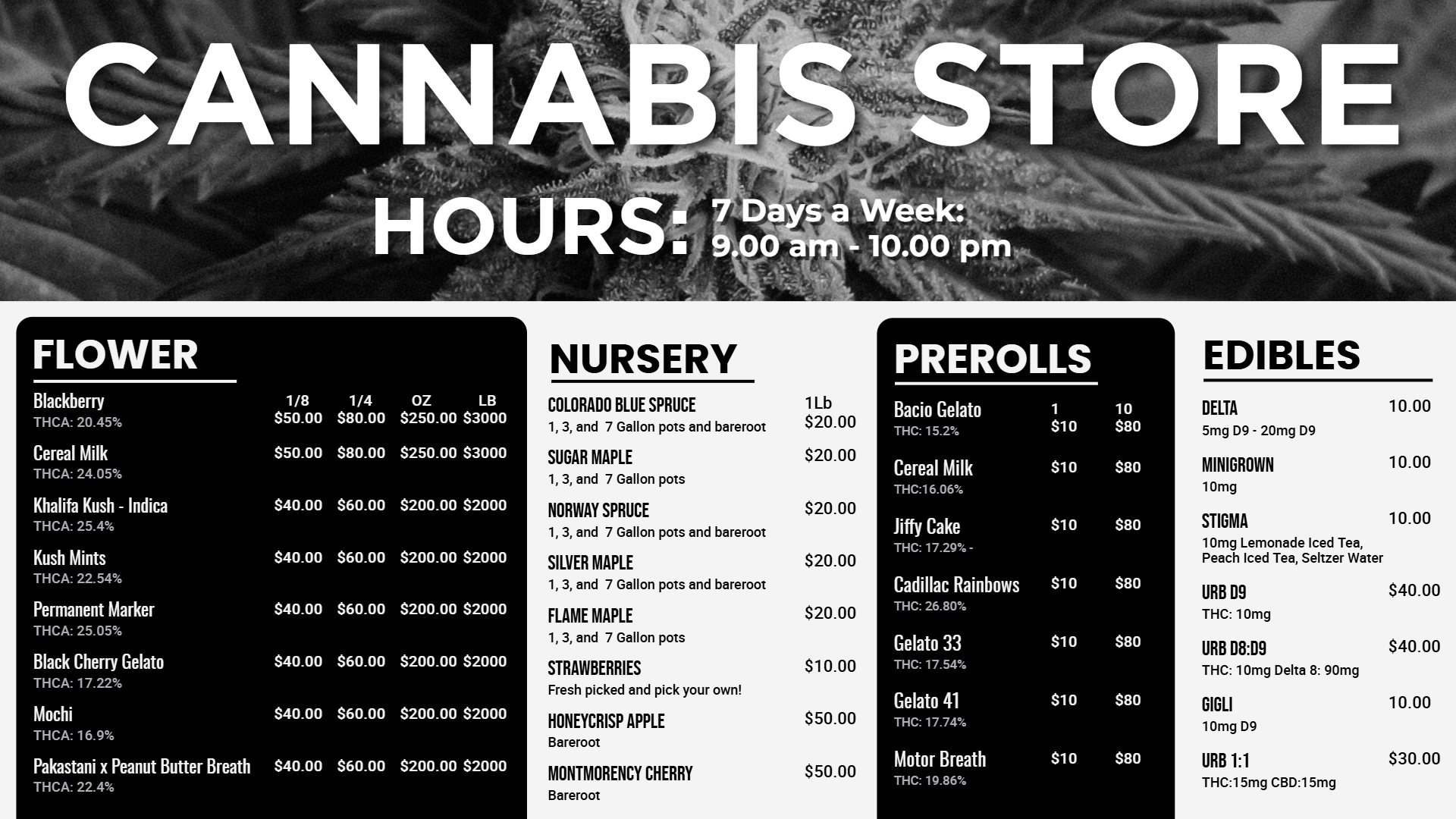 Dispensary Signage menu Idea | Cannabis Marijuana digital menu board Dispensary Signage menu Idea | Cannamako Marijuana menu design tool