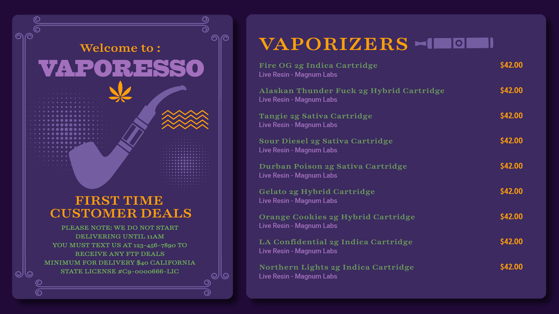 Vaporizer digital menu | Cannabis Marijuana digital menu board Vaporizer digital menu | Cannamako Marijuana menu design tool