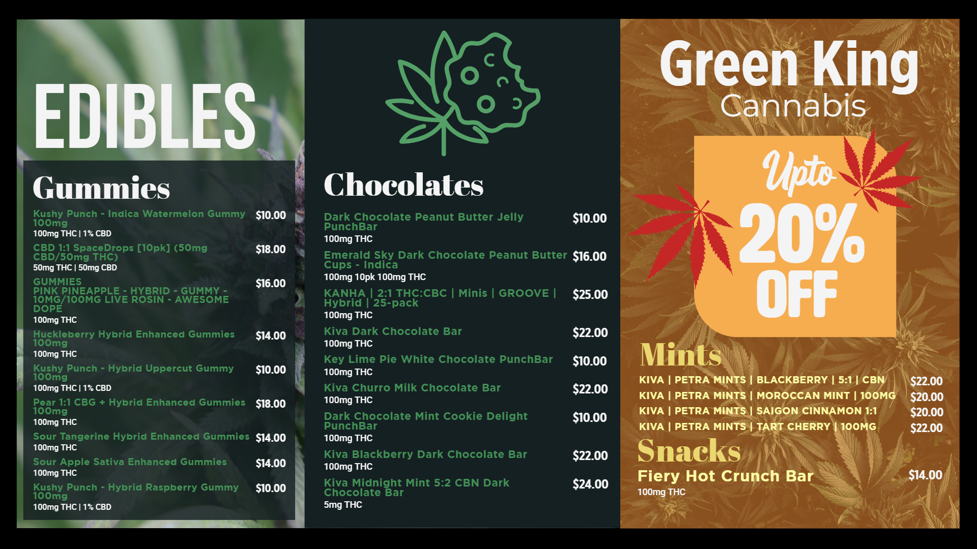 Dispensary edible menu | Cannabis Marijuana digital menu board Dispensary edible menu | Cannamako Marijuana menu design tool