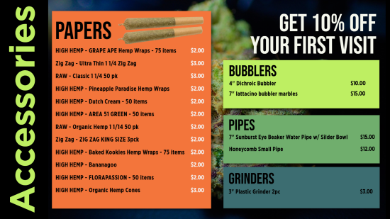 Dispensary Accessories Menu Design | Cannamako design tool