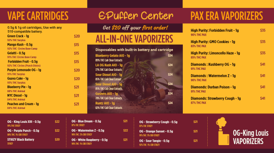 Best vapes digital menu Template | Cannamako Cannabis (Marijuana) dispensary menu maker