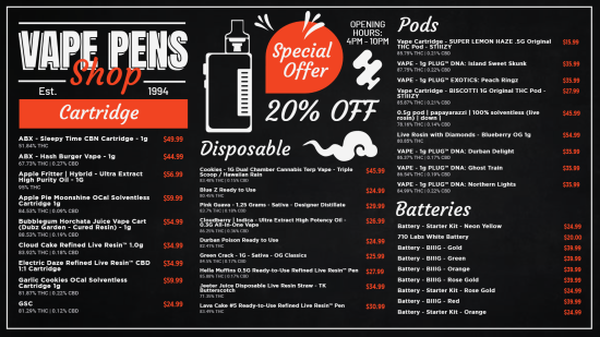 Cannabis (Marijuana) dispensary vape pen menu design | Cannamako Cannabis (Marijuana) dispensary menu maker