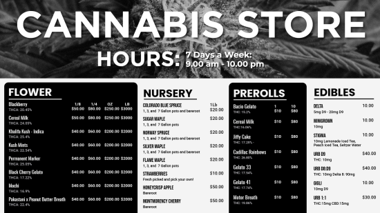 Dispensary Signage menu Idea | Cannamako Cannabis (Marijuana) dispensary menu maker