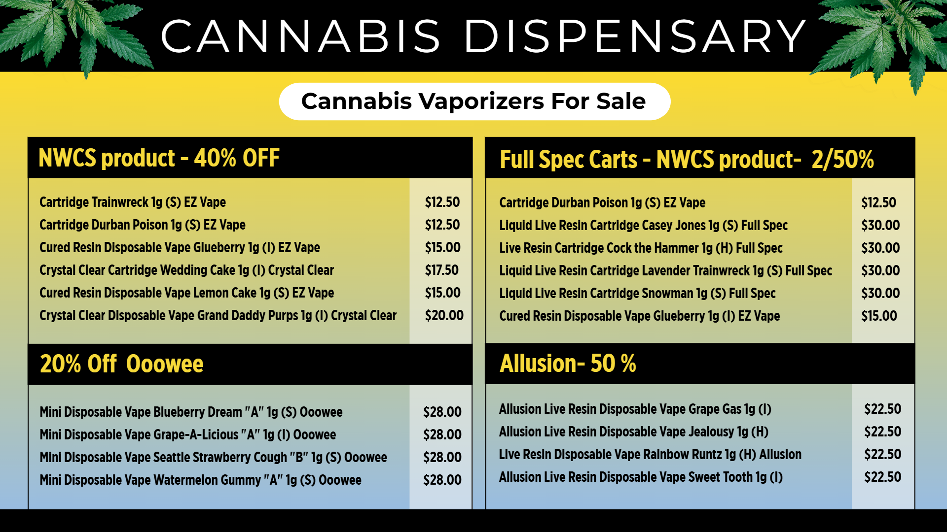 Awesome Vape menu Template | Cannabis Marijuana digital menu board Awesome Vape menu Template | Cannamako Marijuana menu design tool