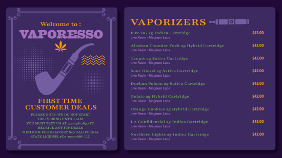 Vaporizer digital menu | Cannamako design tool